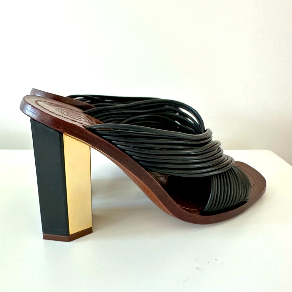 ‼️SOLD‼️Tory Burch Black Leather Sandal with Gold Heel
